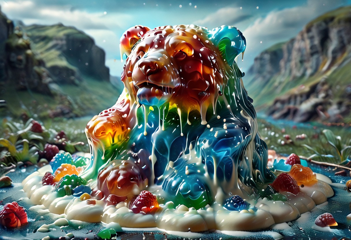 high quality, (Domination of the blue color:2), Jellystyle, stone bridge<lora:bad_prompt_version2-neg:1> <lora:By bad artist -neg:1>  <lora:Jelly_Style:1> (rainbow color grading:1.5). (Icing milk:2). (Sugar coating :1). berry made of jelly. River of milk. ais-chocsauce Mountains. Crystallized Sugar Rain. The floor is covered with honey. Multi-colored Jellystyle bears.
(Fish) Made of gum with glowing precious stones is shown into the jello realm. From the right of the frame, the Jellystyle bears.
CastleBreizh XL Mk8 on the left.
Asymetric composition, dynamic pose, field of depth, grass in the foreground. Close-up view from below.