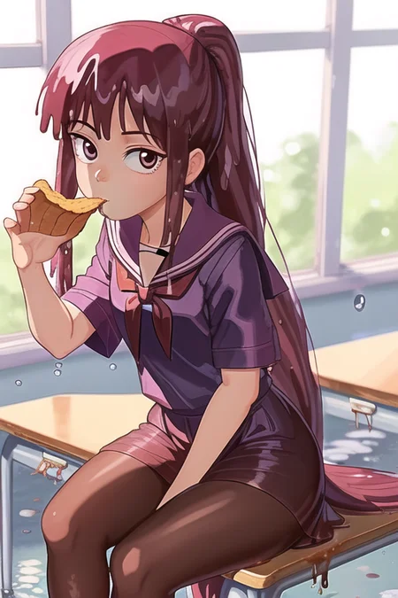 <lora:TFMJellyMage:0.8> JellyMage sitting on a desk in class, eating a bag of chips, wearing a school uniform, dripping, puddle, very long ponytail, 80's style anime