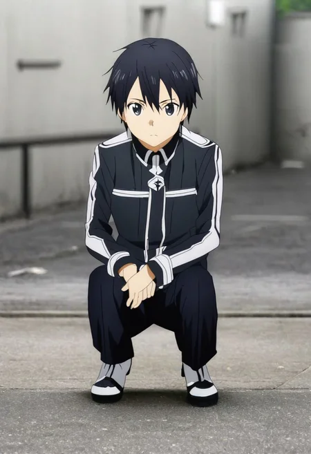 high resolution, solo, best quality, 1Boy, Kazuto Kirigaya, Black Hair, Black Eyes, lofi, candid, squat, depth of field, photo model, looking at viewer, OverallDetail
