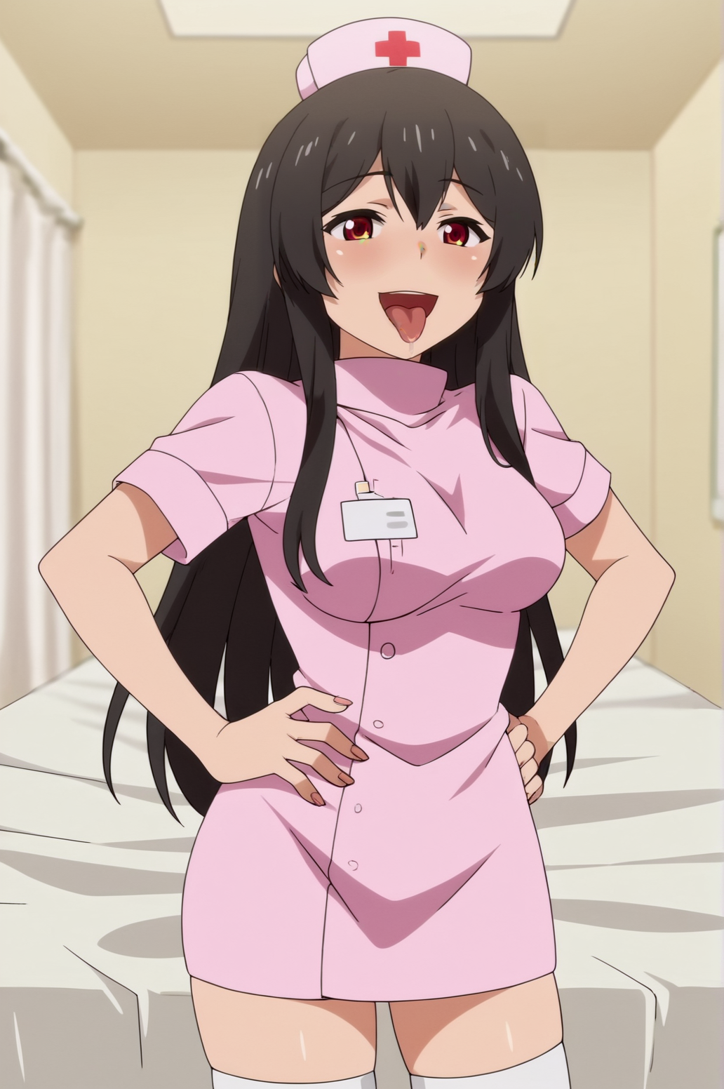score_9, score_8_up, score_7_up,anime_source, source_anime, best background, detailed background, anime screencap,  Sadako, nurse, nurse cap, hands on hips,indoors, naughy face, tongue out, saliva, happy, <lora:JN_Sadako:0.8>