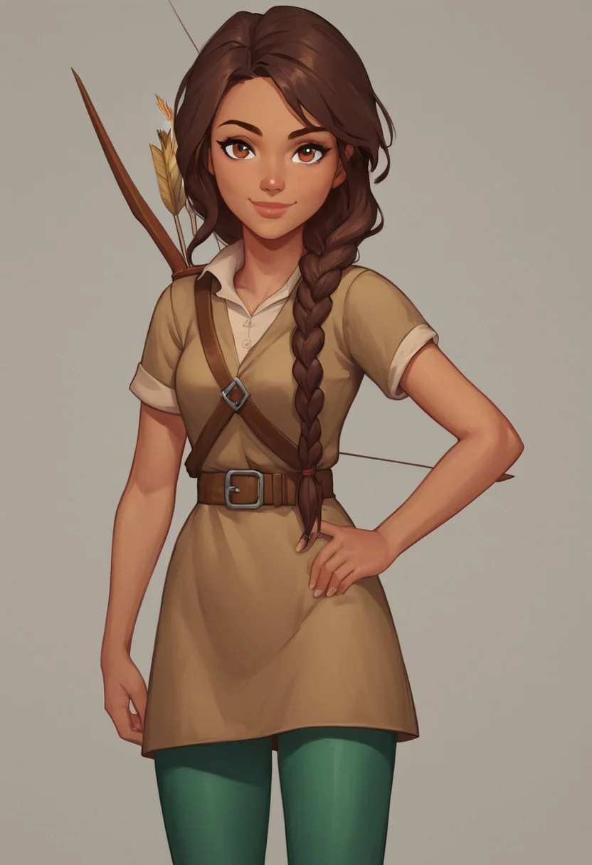 score_9, score_8_up, score_7_up, 1girl, solo,  carol_of_the_arrow, brown hair, brown eyes, dark skin, braid, long hair, belt, brown tunic, dark green tights, dynamic posing, dynamic angle, looking at viewer, light smile, simple background