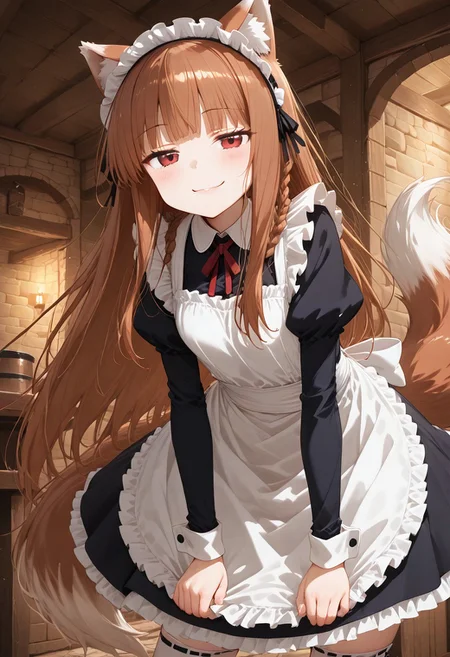 (masterpiece, best quality, newest, absurdres, highres),(anime coloring:2.4), 1girl, Holo_spice and wolf, brown hair, very long flowing hair, french braid, hair on shoulder, loosely braided, red eyes, wolf girl, wolf ear, fluffy wolf tail, maid uniform, full sleeves, frilled apron, white collar, puffed sleeves, neck ribbon, maid mob cap, thigh highs, curtesy pose, bow, skirtlift, leaning forward, jitome eyes, blush, smug expression, medieval inn room, plain room,