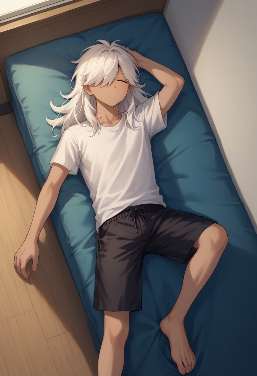 score_9, score_8_up, score_7_up, source_anime, highly detailed, 
cyno, 1boy, male focus, solo, dark-skinned male, dark skin, white hair, hair over one eye, long hair, closed eyes, shirt, t-shirt, shorts, black shorts, barefoot, 
indoor, contemporary, lying, on back, sleeping,