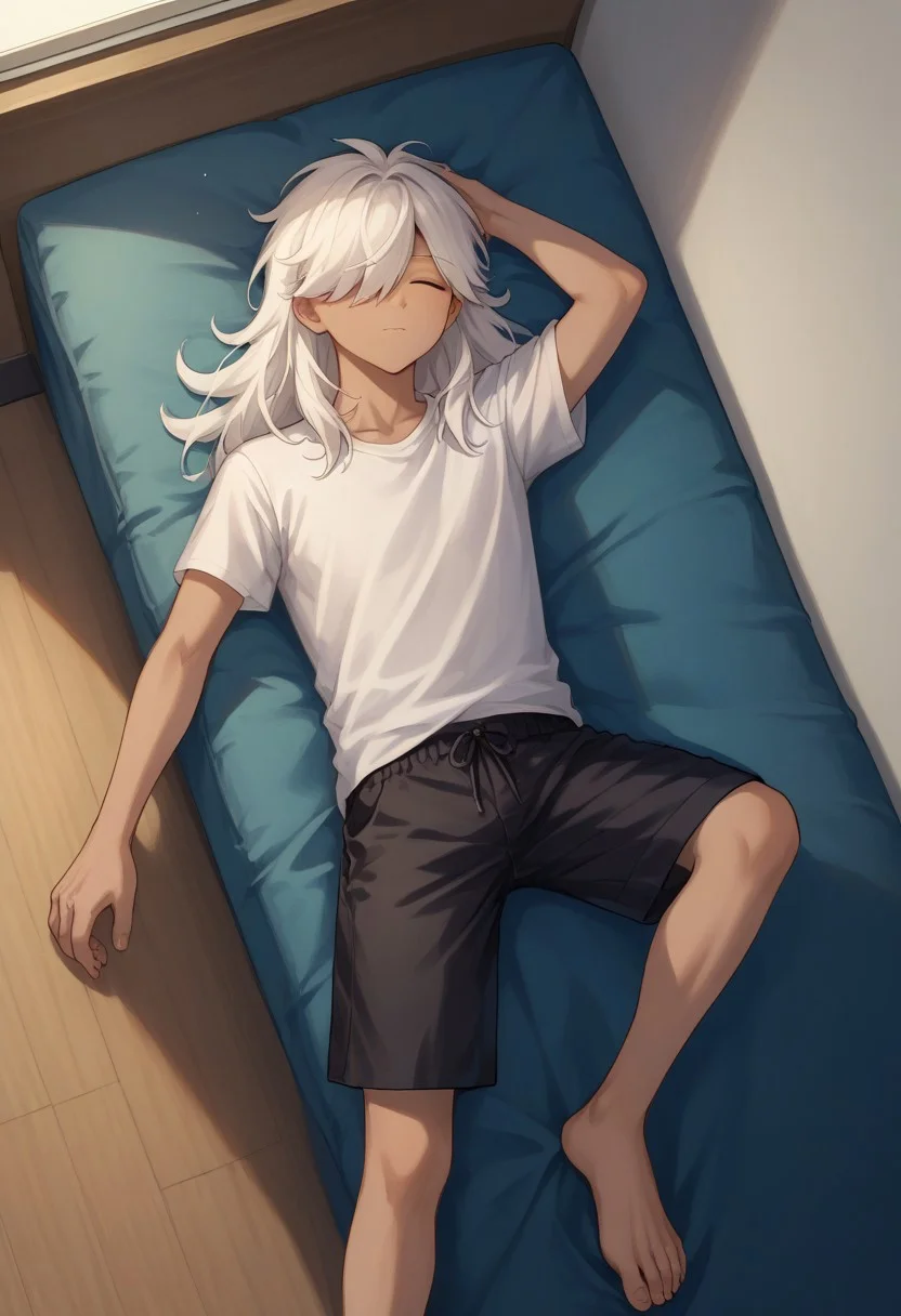 score_9, score_8_up, score_7_up, source_anime, highly detailed,
cyno, 1boy, male focus, solo, dark-skinned male, dark skin, white hair, hair over one eye, long hair, closed eyes, shirt, t-shirt, shorts, black shorts, barefoot,
indoor, contemporary, lying, on back, sleeping,