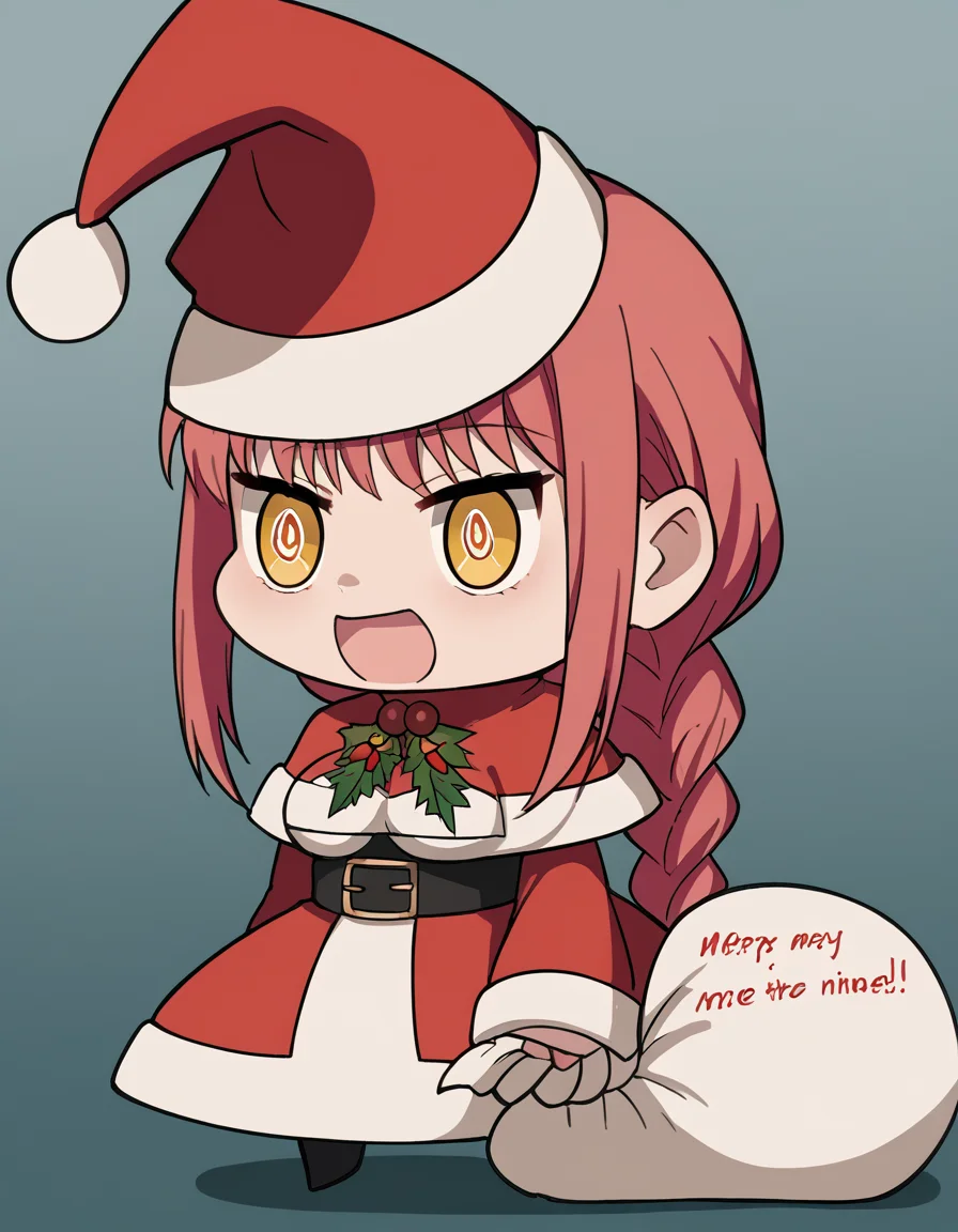 score_9, score_8_up, score_7_up, source_anime, <lora:chainsaw-man-makima-s1-ponyxl-lora-nochekaiser:1> makima, long hair, bangs, yellow eyes, braid, red hair, braided ponytail, ringed eyes, medium breasts,, <lora:padoru-ponyxl-lora-nochekaiser:1>, padoru, padoru (meme), holding sack, sack, santa hat, meme, christmas, open mouth, chibi, red capelet, santa dress, capelet, fur-trimmed headwear,, ,