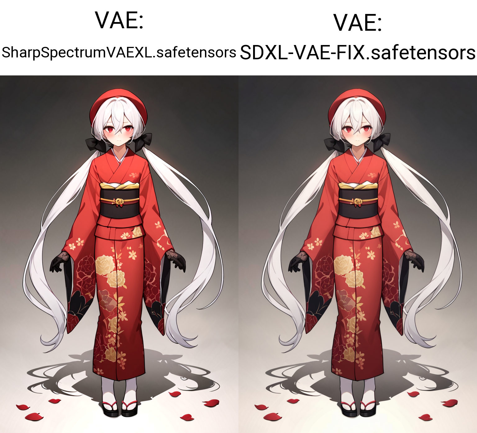 score_9,score_8_up,source_anime,rating_safe, 1girl, solo, red eyes, long hair, gloves, kimono, japanese clothes, flower, rose, full body, floral print, very long hair, white hair, bow, black footwear, sash, long sleeves, obi, red flower, looking at viewer, low twintails, red kimono, lace gloves, petals, standing, wide sleeves, black gloves, frills, socks, red rose, red headwear, hair between eyes, hair bow, closed mouth, blush, black bow, print kimono