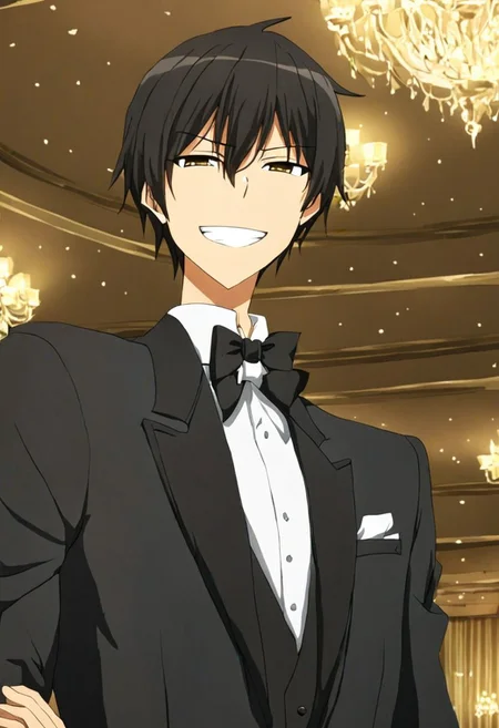 high resolution, solo, best quality, 1Boy, Kanie Seiya, Black Hair, luxury hotel, Ballroom, tuxedo, smile, confident, OverallDetail