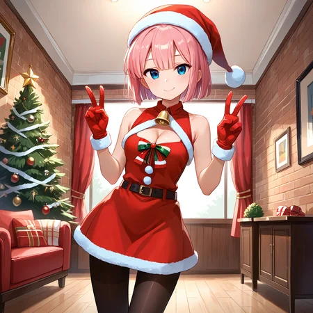 score_9, score_8_up, score_7_up, score_6_up, score_5_up, score_4_up, BREAK source_anime, look at viewer, rating_safe, 1girl, solo, indoors, brick wall, smiling, double v, standing, masterpiece, best quality, high detailed skin, chiyoda momo, blue eyes, pink hair, short hair, cleavage, red gloves, christmas, santa costume, santa hat, black pantyhose, santa dress, christmas tree, bell, sleeveless, belt, bare shoulders,