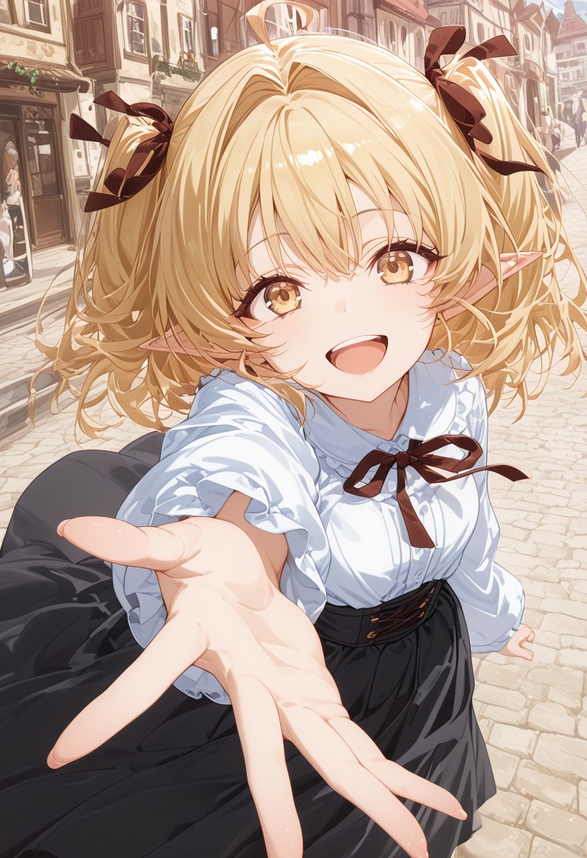 (masterpiece, best quality, newest, absurdres, highres),(anime coloring), soft colors, 1 girl solo, lily (yami healer), long hair, blonde hair, ahoge, short hair, twintails, two side up, hair intakes, hair ribbon, pointy ears, yellow eyes, eyelashes, eyeliner, mole, virgin killer outfit, white shirt, long skirt, black skirt, pantyhose, in town, reaching out,pov, dutch angle, happy face, excited,
