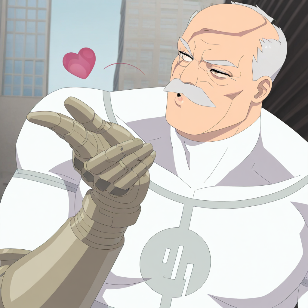masterpiece, best quality, newest, absurdres, highres, 1boy, Conquest-ISV-V1.0 old man, white hair, mustache, facial hair, scar, blind eye, single mechanical arm, heart, blowing kiss,