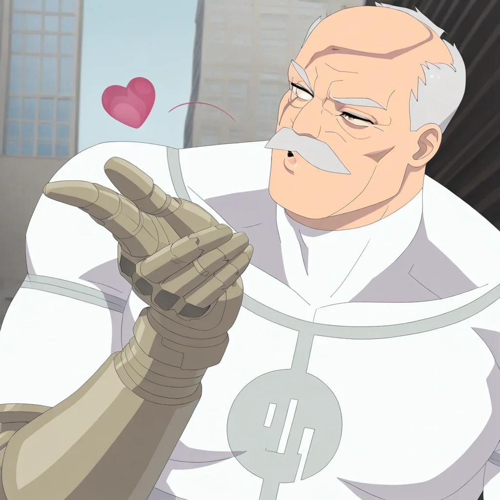 masterpiece, best quality, newest, absurdres, highres, 1boy, Conquest-ISV-V1.0 old man, white hair, mustache, facial hair, scar, blind eye, single mechanical arm, heart, blowing kiss,