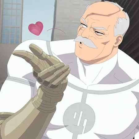 masterpiece, best quality, newest, absurdres, highres, 1boy, Conquest-ISV-V1.0 old man, white hair, mustache, facial hair, scar, blind eye, single mechanical arm, heart, blowing kiss,