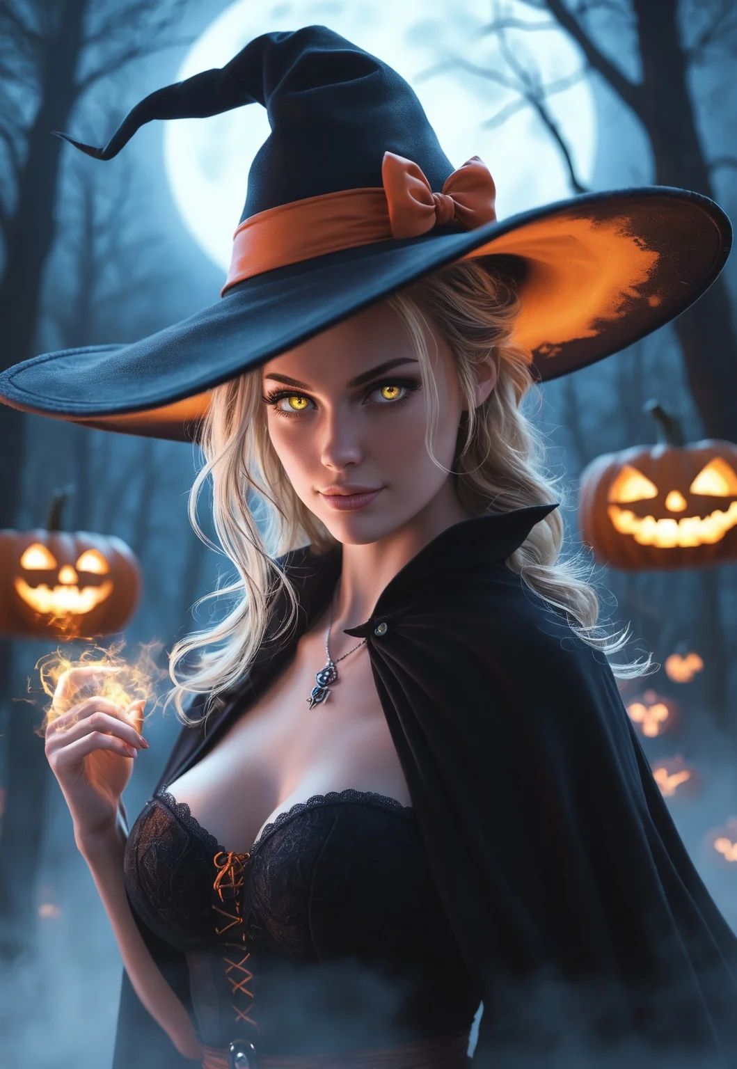 Design a hyper-realistic Halloween night scene featuring a powerful witch standing in a haunted forest, casting dark, glowing magic infused with flux-like energy. The witch wears a tattered black cloak, her face partially shadowed by a wide-brimmed hat, with glowing eyes and an ominous grin as she conjures swirling, neon-green and purple magic from her fingertips. The flux energy snakes through the air, illuminating the twisted, ancient trees and fog-covered ground. Around her are eerie jack-o'-lanterns with sinister, flickering smiles, casting an unsettling orange glow. The full moon hangs low in the stormy, dark sky, with bats flying overhead. Shadows twist and shift as her magic pulses through the forest, creating an atmosphere of dark enchantment and Halloween terror.
(((((upper body))))), dynamic pose
<lora:Dynamic Poses:1>
<lora:detailed_notrigger:1>
(((full clothed)))
<lora:DandonFuga_Style_v.2_-_Pony:0.8>