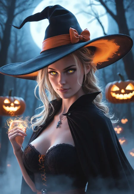 Design a hyper-realistic Halloween night scene featuring a powerful witch standing in a haunted forest, casting dark, glowing magic infused with flux-like energy. The witch wears a tattered black cloak, her face partially shadowed by a wide-brimmed hat, with glowing eyes and an ominous grin as she conjures swirling, neon-green and purple magic from her fingertips. The flux energy snakes through the air, illuminating the twisted, ancient trees and fog-covered ground. Around her are eerie jack-o'-lanterns with sinister, flickering smiles, casting an unsettling orange glow. The full moon hangs low in the stormy, dark sky, with bats flying overhead. Shadows twist and shift as her magic pulses through the forest, creating an atmosphere of dark enchantment and Halloween terror.
(((((upper body))))), dynamic pose
<lora:Dynamic Poses:1>
<lora:detailed_notrigger:1>
(((full clothed)))
<lora:DandonFuga_Style_v.2_-_Pony:0.8>