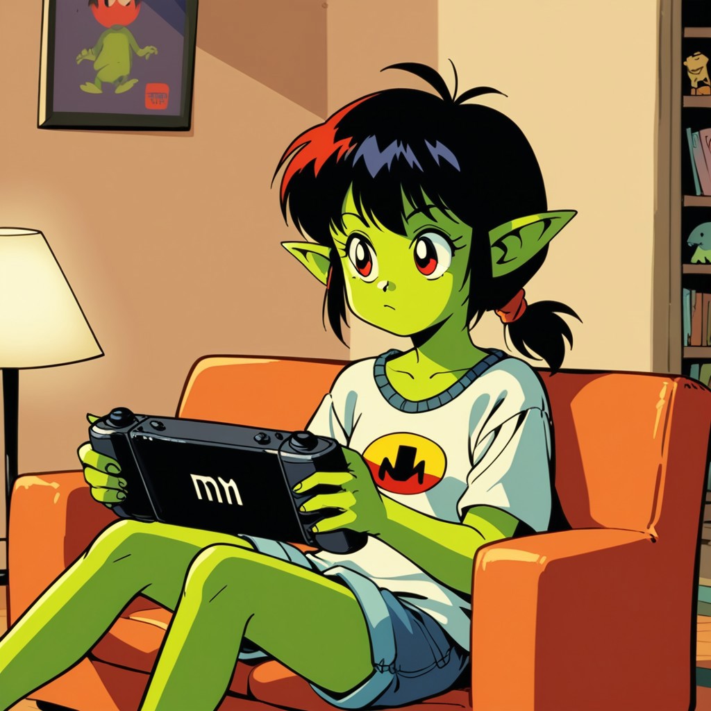 Kiki playing retro Nintendo games on a big-screen TV, casual clothes, spacing out, dimly lit living room, solo, sitting on couch,