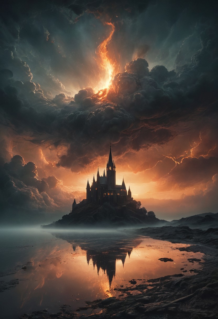 highly detailed and hyper realistic photo, by Alena Aenami , by Archibald Thorburn , by Daniele Afferni , rural country, apocalyptic fantasy, silver flame, glowing cathedral, divine light, burning skyes, mmo, digital art, 4 k, art by gustave dore, hiremius bosch, in the style of  monochromatic silhouette reflection,  limited dark palette, unusual dark colors, faded colors, atmospheric haze, highly dramatic cinematic lighting, motion blur, film grain,  professional, excellent composition, finest details, maximized details, ultimate detail level, masterpiece, best quality