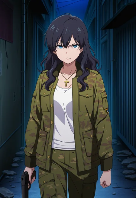 masterpiece, best quality, anime screenshot, anime, 1girl, solo, <lora:Roberta [Illustrious] Black Lagoon:1>, RTE, blue eyes, black hair, long hair, wavy hair, green jacket, military jacket, open jacket, woodland camouflage, white tank top, green pants, cross necklace, outdoors, alley, night, angry, holding gun, handgun,