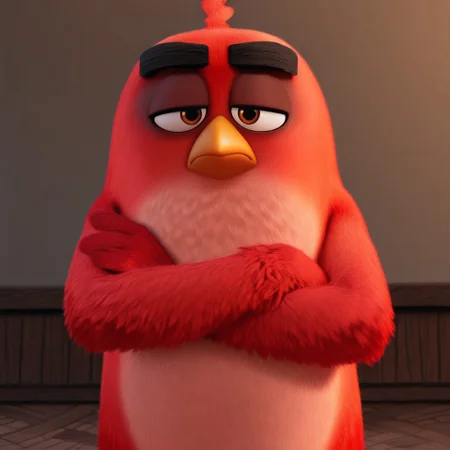 score_9, score_8_up, score_7_up, score_6_up, perfect limbs, detailed image, detailed eyes, perfect beak, perfect eyes, Masterpiece, High quality, Red_angry_birds, angry, bust shot, crossed arms, 3d, 3d Animation, Furry, bird, Red fur, belly, (looking at viewer), short, (((face shot)))