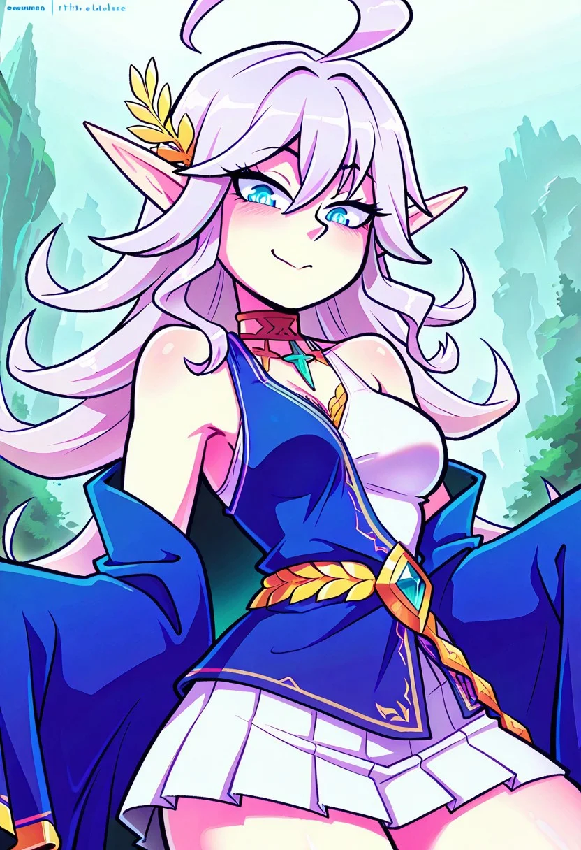 masterpiece, best quality, amazing quality,keera occultist,1girl, pointy_ears, blue_eyes, breasts, hair_between_eyes, grey_hair, ahoge, skirt, original costume, dress, ahoge, white_skirt, long_hair, detached_sleeves, pleated_skirt, bangs, small_breasts, bare_shoulders, elf, toh_draws