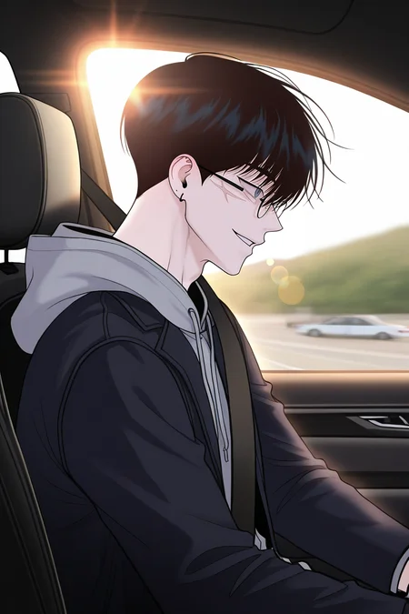 masterpiece, best quality, amazing quality, very aesthetic, high resolution, ultra-detailed, absurdres, newest, scenery, volumetric lighting, depth of field,anime screencap, , , 1boy, solo, male focus,<lora:yoonwon:0.86>,goo yoon won,black hair,grey eyes,short hair,bangs,hair between eyes,scar,scar on face,smile, long sleeves, jewelry, sitting, jacket, upper body, earrings, parted lips, glasses,grey hood, from side, black jacket, hoodie, profile, piercing, hood down,right ear bare, lens flare,seatbelt, car, driving, car interior