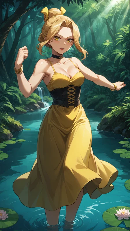 score_9,score_8_up,score_7_up,score_6_up, <lora:xl_more_art-full_v1:0.5>, source_anime, woman, dynamic pose, lotus position, <lora:Uwabami - Pony:0.8>, blond hair, hair up, parted hair, hair swirls, yellow eyes, yellow hairbow, hair bun, black choker, yellow sundress, gold bracelet, black corset, tropical forest, stream, flowing water, light rays, riverbank,