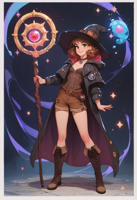 score_9, score_8_up, score_7_up, score_6_up, score_5_up, detailed background, witch girl, brown shorts, roll out, boots, jacket, magic staff, looking at viewer, (full body:1.3), pikaole