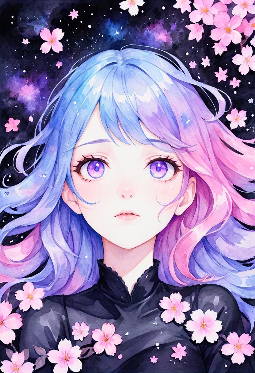 watercolor portrait, a young woman with pink and blue hair and purple eyes laying down, her hair is covered in galaxy blossoms, the black sand surrounds her head