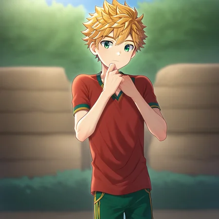 solo, proportional, short hair, blonde hair, green eyes, bangs, 1boy, solo focus