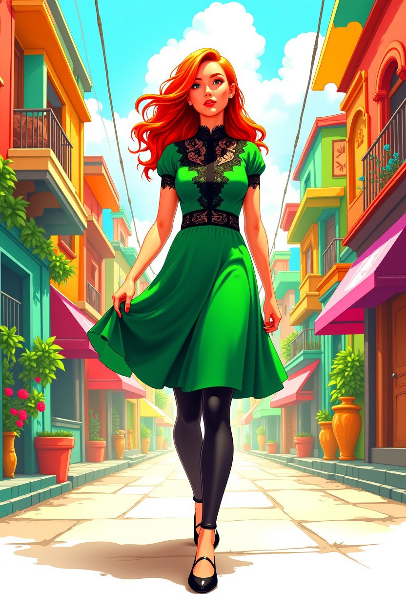 Inkpunk Anime, realistic, a redhead woman walking through a colorful city, green dress with black lace, black leggings, black flats shoes