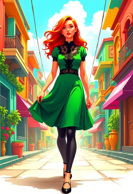Inkpunk Anime, realistic, a redhead woman walking through a colorful city, green dress with black lace, black leggings, black flats shoes