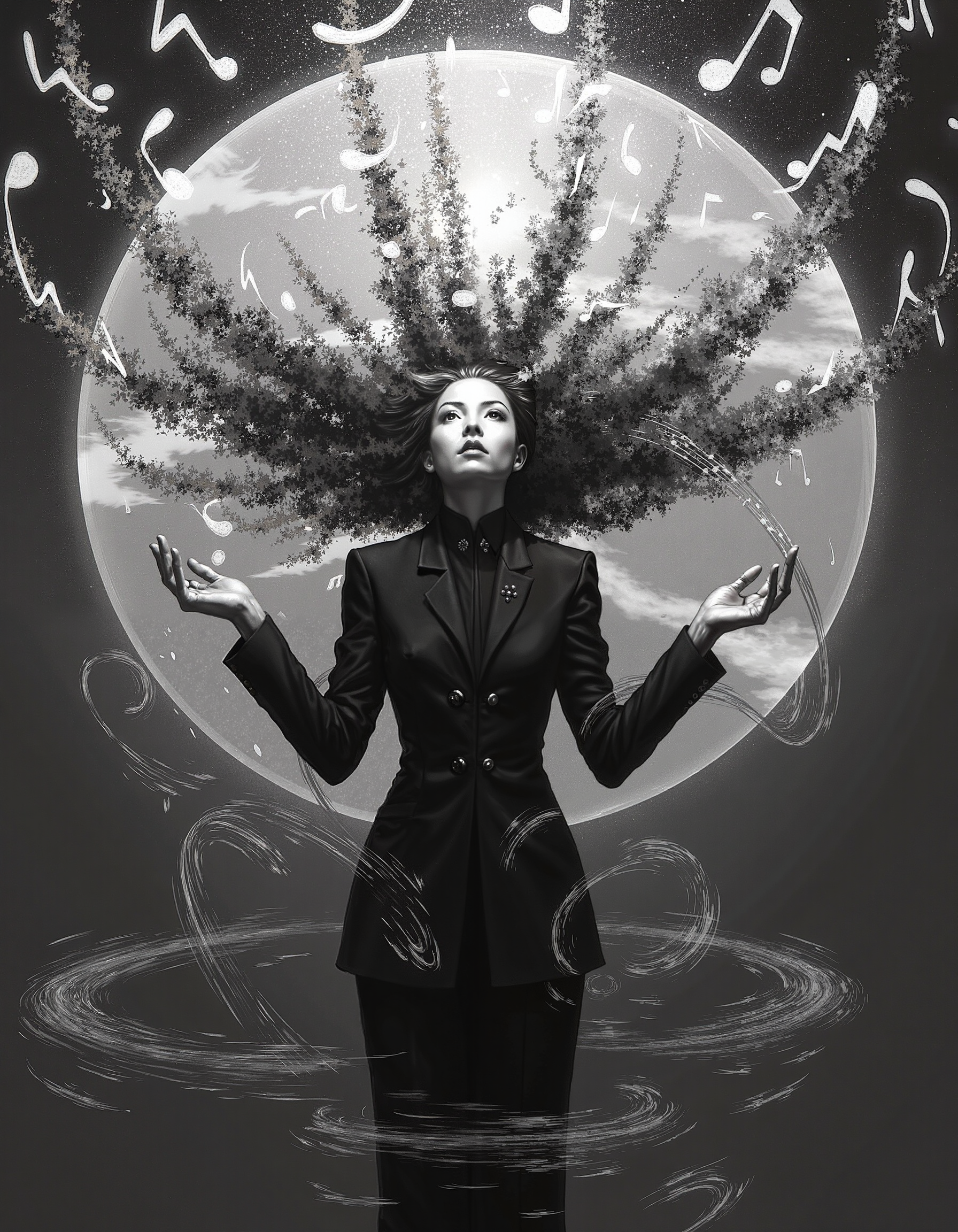 A majestic, high-contrast, black-and-white scene of a regal, androgynous musician of East Asian descent, skin tone a radiant porcelain, with an abnormal, music note-embellished face, resembling a fusion of human and sheet music, stands heroically, surrounded by swirling music sheet circles, as a shower of musical notes erupts from their body, amidst an abstract, dreamlike background, echoing the surrealist style of David Lynch, lit by a dramatic, high-key spotlight with subtle, warm undertones, casting a mystical glow, with a slight grain and muted color grading, reminiscent of a 1950s fine art photograph. The painting is in the style of umesky. <lora:Grimmold:0.5> <lora:ume_sky_v2:0.7>