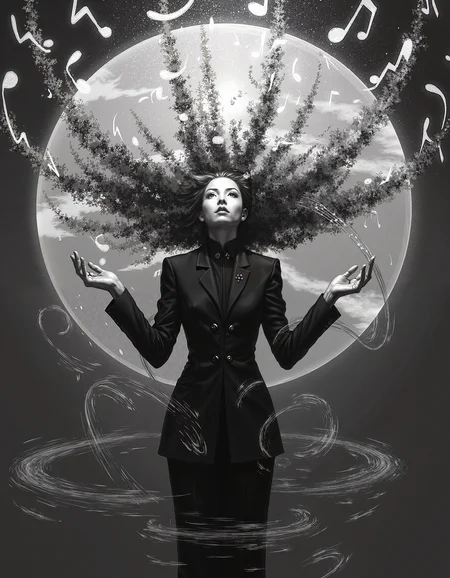 A majestic, high-contrast, black-and-white scene of a regal, androgynous musician of East Asian descent, skin tone a radiant porcelain, with an abnormal, music note-embellished face, resembling a fusion of human and sheet music, stands heroically, surrounded by swirling music sheet circles, as a shower of musical notes erupts from their body, amidst an abstract, dreamlike background, echoing the surrealist style of David Lynch, lit by a dramatic, high-key spotlight with subtle, warm undertones, casting a mystical glow, with a slight grain and muted color grading, reminiscent of a 1950s fine art photograph. The painting is in the style of umesky. <lora:Grimmold:0.5> <lora:ume_sky_v2:0.7>