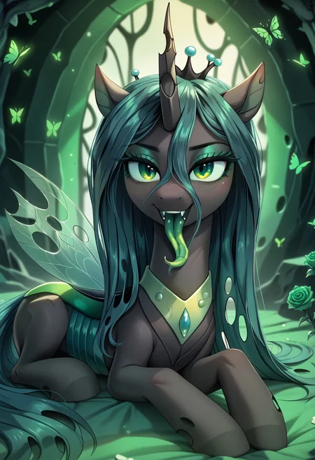 masterpiece, score_9, score_8_up, score_7_up, score_6_up, (best quality:1.1), ultra-detailed, high resolution, (solo), (1WOMAN), (ALICORN PONY), (GODDESS CHRYSALIS) ((long cerulean hair:1.2)), (highly detailed pony face:1.4), (beautiful detailed green shiny slitted eyes), (long luscious eyelashes:1.4), (detailed hair:1.5), (shiny black fur:1.5), (shiny skin:1.5), (seductive smile:1.5), (green royal regalia with holes:1.5), ((highly detailed green hive background:1.5)), (green changeling hive background:1.5) ((green butterflies all around her:1.5)), (green roses all around her:1.5), (dynamic pose:1.4), (green long tongue:1.6), (tongue out:1.5), (green blush:1.5), (laying down in green bed:1.5), high quality, sharp, the quality of ai art is frightening, highly detailed, Highly Visible, sharp focus, high detail, detailed background,