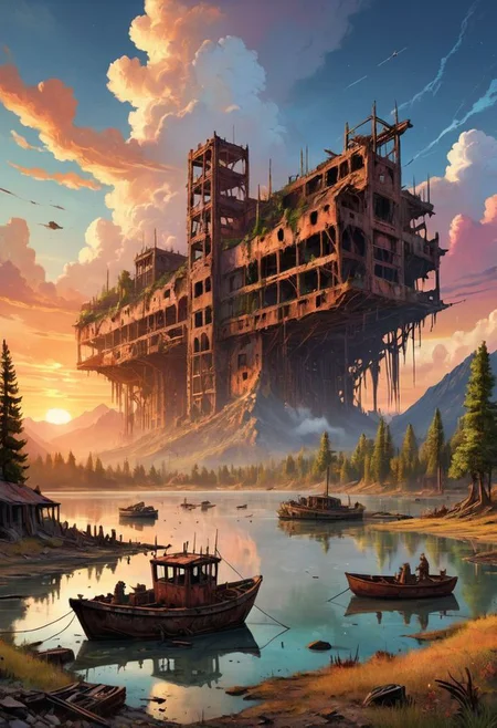 clouds, sunset, cosmic rays, post apocalyptic, city ruins, carcass of giant machinery, wide shot, trees, mountain background, dirty lake, tiny boats and fishermen