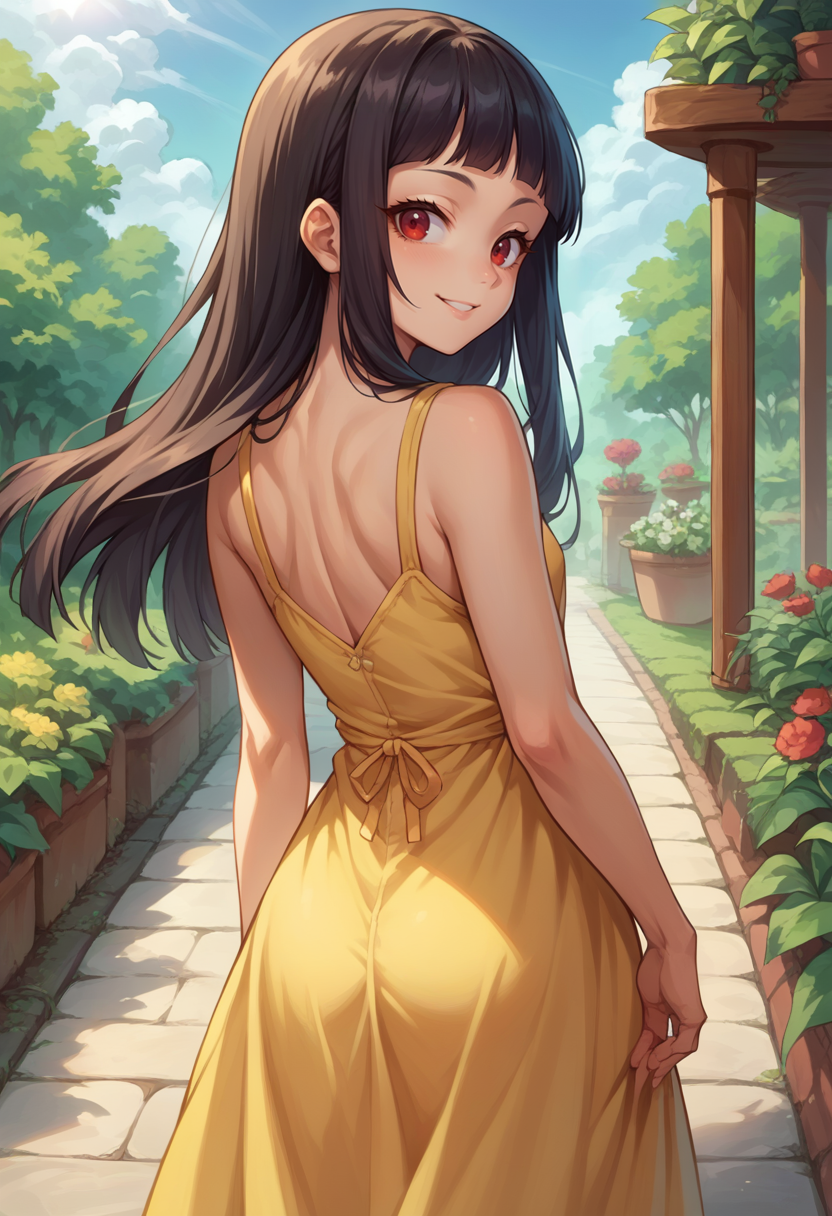 score_9, score_8_up, score_7_up, source_anime, 1girl, solo, tokismtiva, long hair, black hair, blunt bangs, red eyes, from behind, yellow sundress, garden, day, sunshine, smile, looking back, <lora:zs_TokiXL:1>