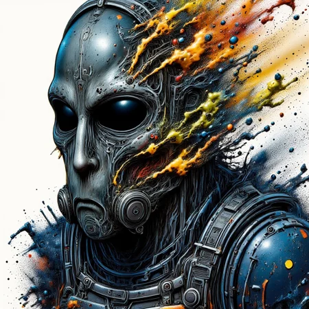 Zombie soldier wearing a biohazard gas mask, black and gold filigree, navy and gold vapor swirls, details in details