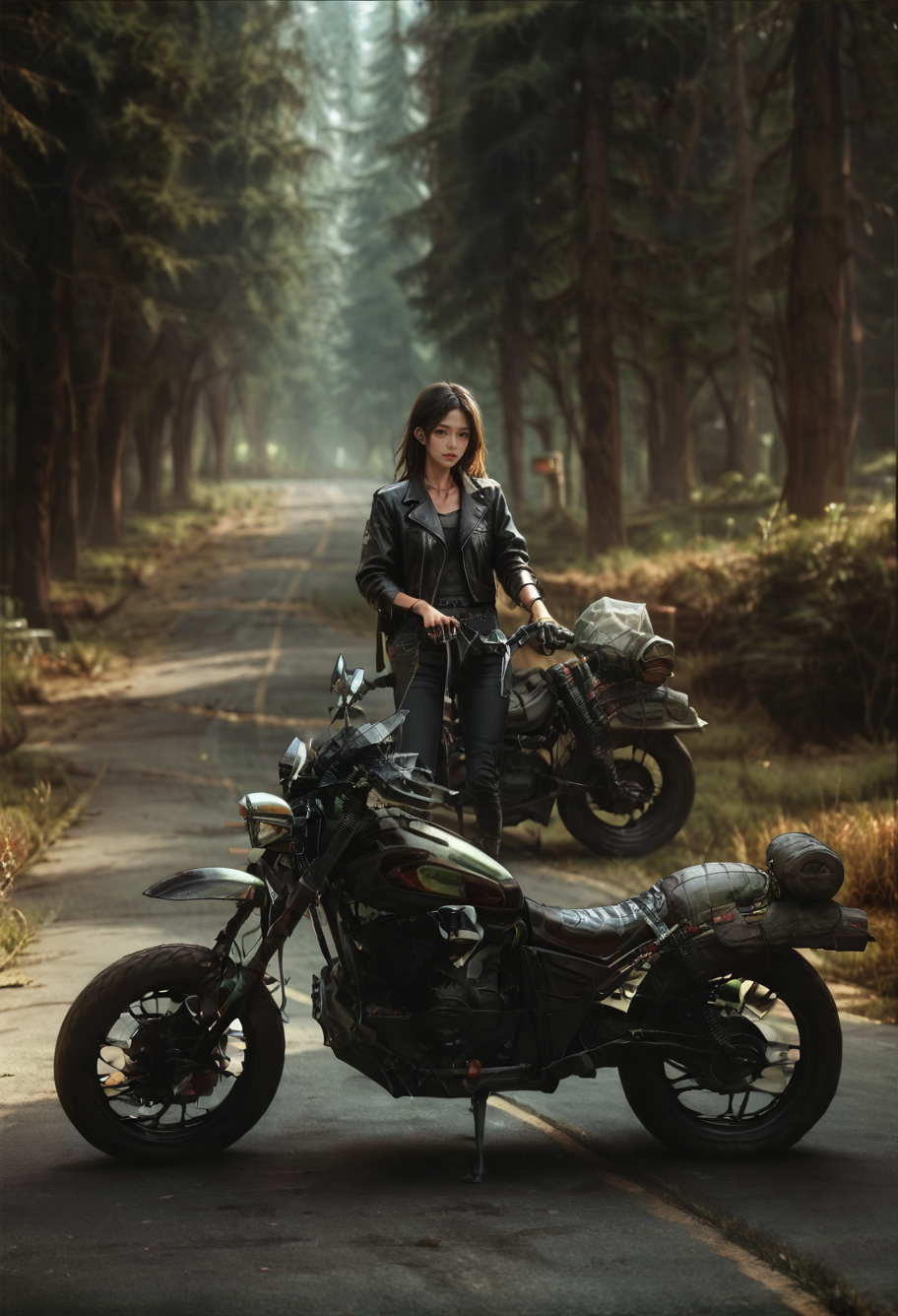 ,ruanyi0960,motorcycle,outdoors,forest,no humans,<lora:0960 Motorcycle parked on forest road_v1_pony:0.9>, score_9,score_8_up,score_7_up,,8k,1girl,solo,,