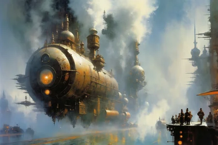<lora:John Berkey Style:1> John Berkey Style page, steampunk cityscape,fog, smoke, (masterpiece:1.2), best quality