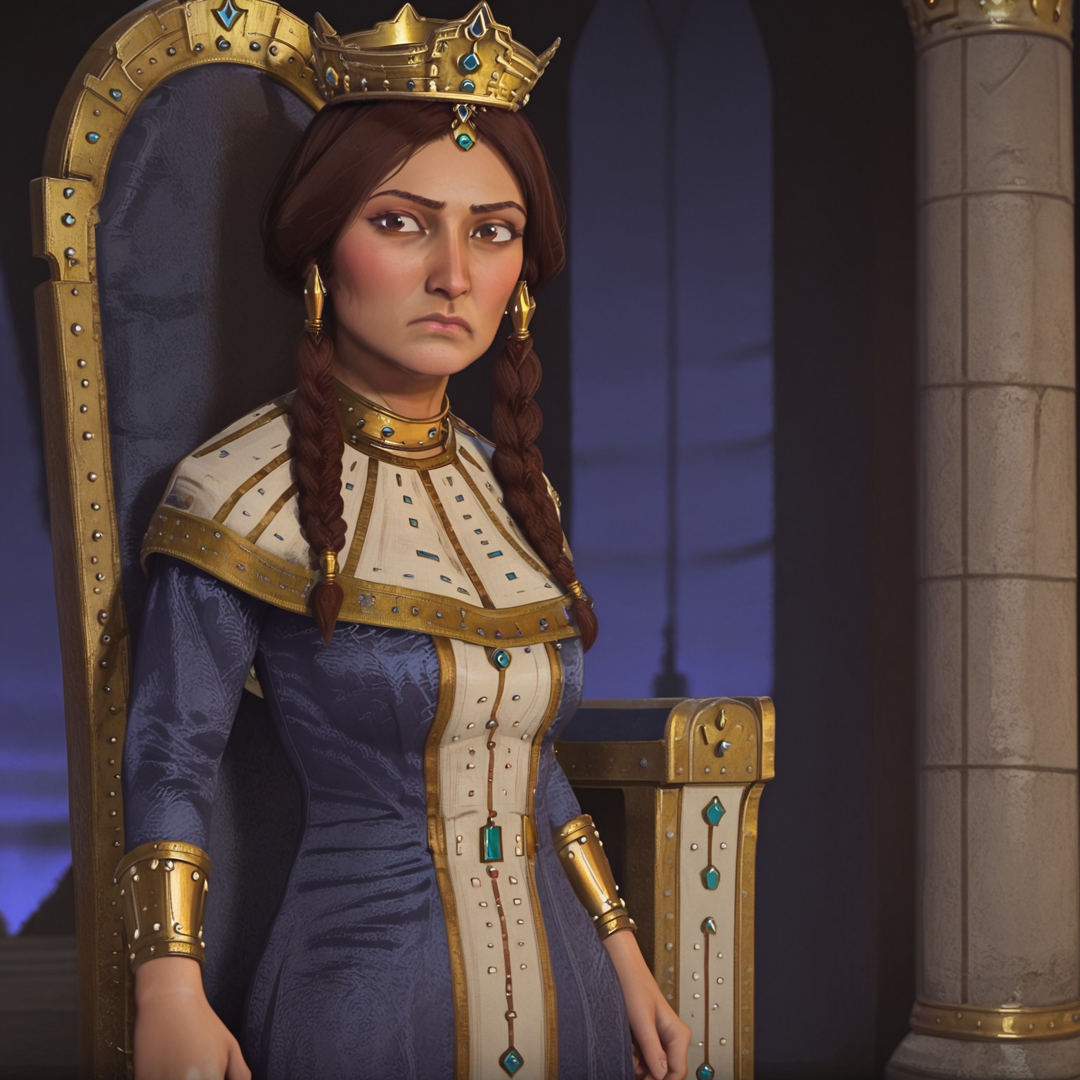 1girl, solo, tamar, blue and white dress, gold trim, gold jewelry, gold crown, brown hair, brown eyes, braid, twintails, dark-skinned female, frown, dismissing viewer, castle throne room