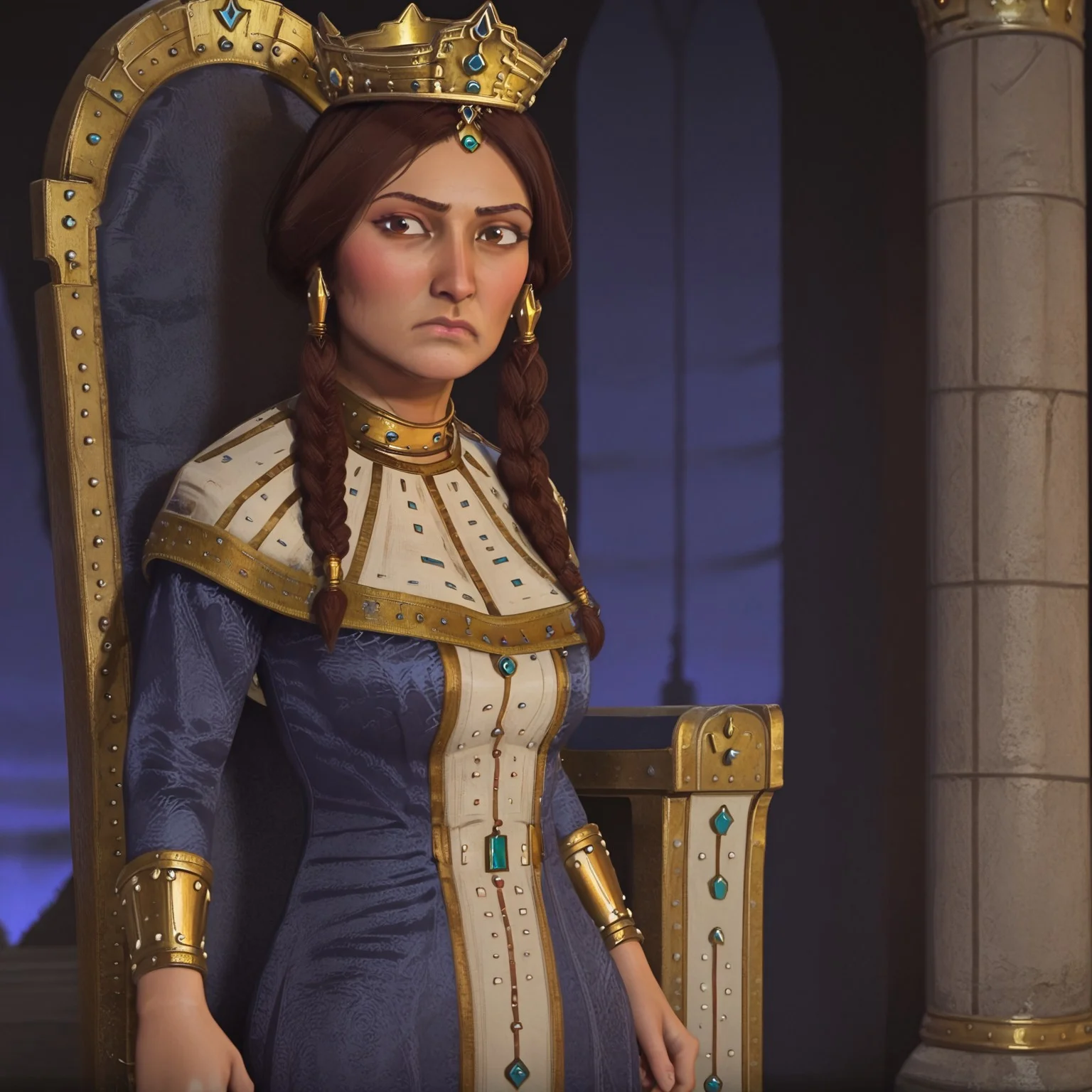 1girl, solo, tamar, blue and white dress, gold trim, gold jewelry, gold crown, brown hair, brown eyes, braid, twintails, dark-skinned female, frown, dismissing viewer, castle throne room