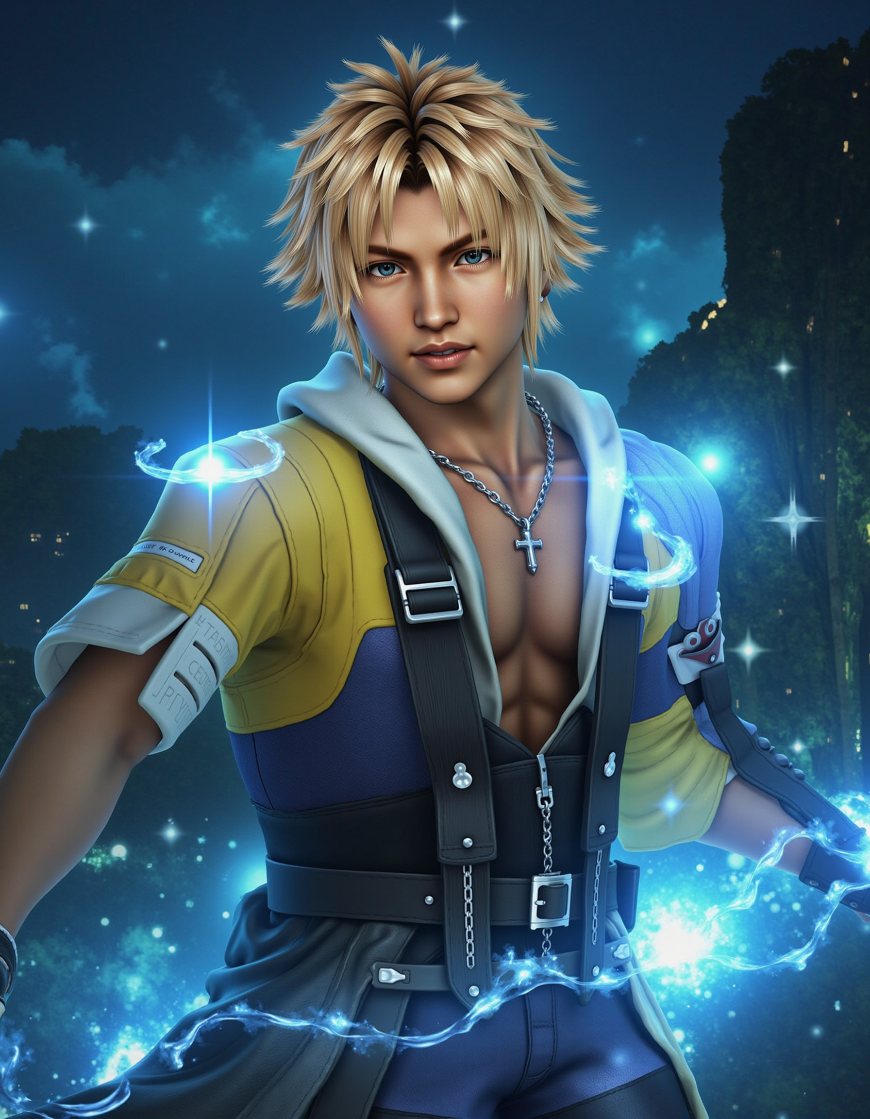 Tid_dus_2025, The image is a CGI-rendered digital artwork featuring Tidus in a Magic Background <lora:Tidus_(Locale):1.0> <lora:AntiBlur:1.0>