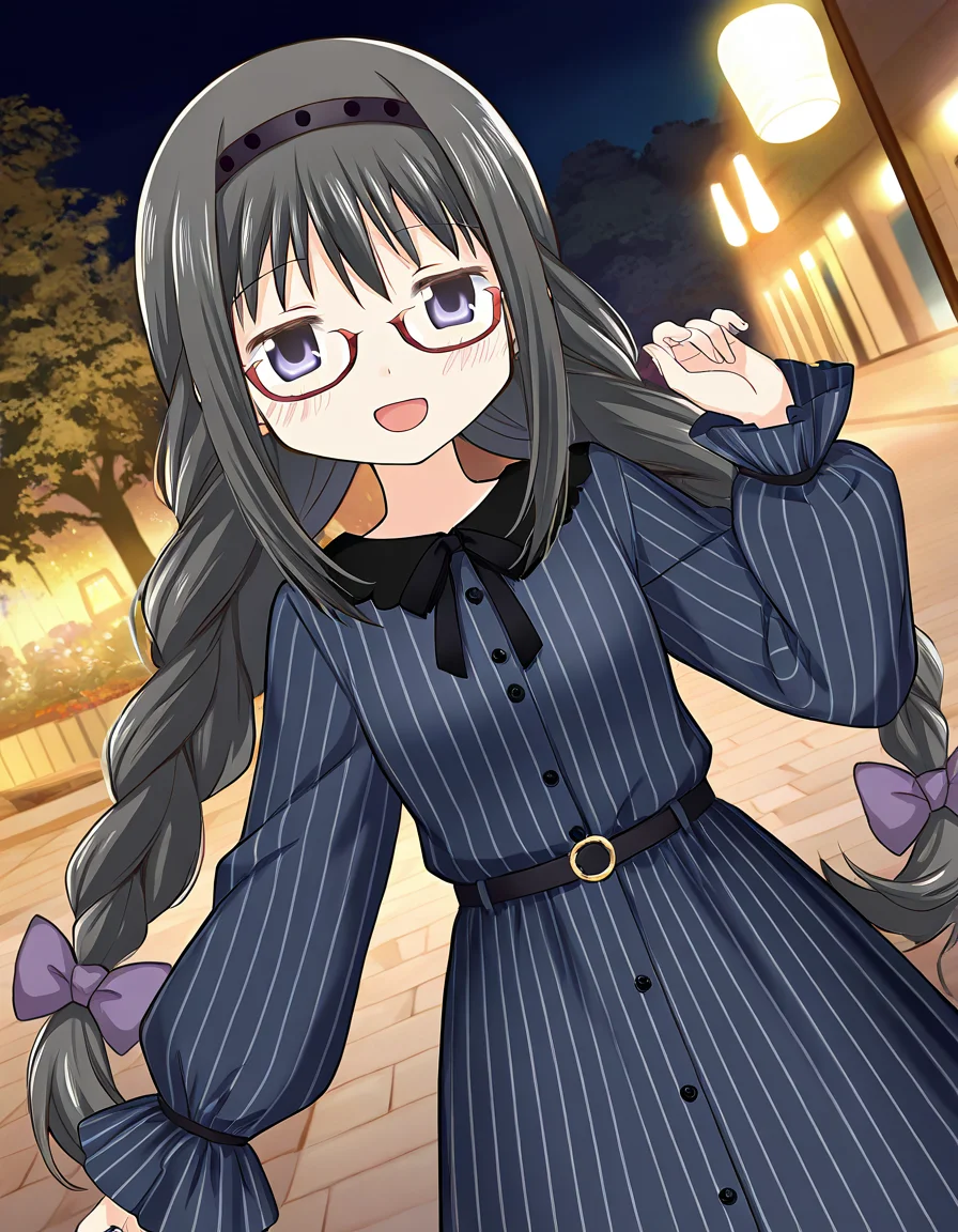 masterpiece, best quality, newest, absurdres, highres, safe, 1girl, akemi homura \(casual ver.\), magia record: mahou shoujo madoka magica gaiden, smile, open mouth, solo, night, outdoors, dutch angle, <lora:20241226152250_akemi_homura_noobaiXLNAIXL_vPred10Version:0.7>