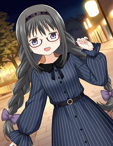 masterpiece, best quality, newest, absurdres, highres, safe, 1girl, akemi homura \(casual ver.\), magia record: mahou shoujo madoka magica gaiden, smile, open mouth, solo, night, outdoors, dutch angle, <lora:20241226152250_akemi_homura_noobaiXLNAIXL_vPred10Version:0.7>