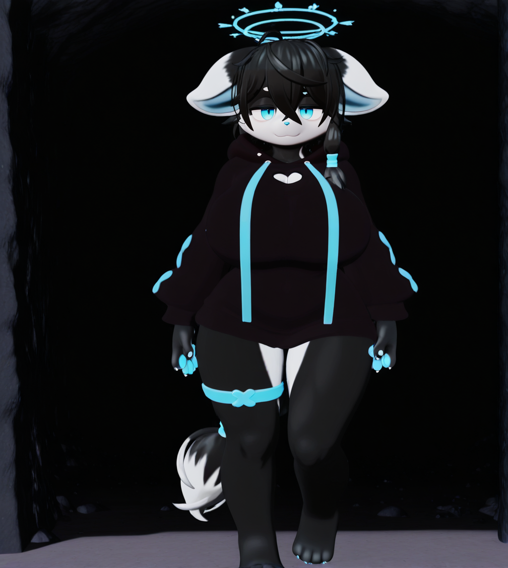 1girl, wild hips, huge breasts, breasts, cleavage, legband, looking at viewer, possessed, smile, smoke, solo, cave, rock formation, darkness, entrance, light, water,
Lexi Floof(IlexisTheMadcat),
furry fmeale,
body fur,white fur, black fur,tow-tone fur,
blue halo,
black hair,short hair,ahoge,messy hair,
blue eyes,
hair between eyes,side braid,hair tie,blue hair tie,
animal ears,droopy ears,
animal nose,
snout,
black hoodie,
paw print,drawstring,x (symbol),
tail,tail ornament,two-tone tail,black tail,white tail,
animal hands,animal feet,
pawpads,claws,blue pawpads,
intricate details,detailed background, 3D,
<lora:noobaiXLNAIXL_epsilonPred11Version-lora:0.1> <lora:anatomy_helper:1> <lora:BallsDeep-IL-V2.2-S-NoMask-WithCloseups:1> <lora:Curve slider IXL2_alpha16.0_rank32_full_last:3> <lora:Lexi_FloofIlexisTheMadcat.2:1>