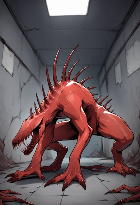 masterpiece, best quality, uncensored, source_anime BREAK score_9, score_8_up, score_7_up, score_6_up, score_5_up, score_4_up, 1girl, solo, scp-939, monster, no humans, feral, red skin, sharp teeth, claws, spikes, no eyes, veins, tail, Expressiveh, indoors, dark, destroyed lab, abandoned lab <lora:Expressive_H:0.6> <lora:add-detail-xl:0.5> <lora:SCP-939:0.8>