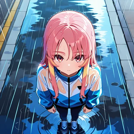 masterpiece, best quality, absurdres, ultra detailed eyes, safe
R41K4J4CKET, yellow stripes, 1girl, rain, wet hair, wet jacket, puddle, sidewalk, reflection, pedals