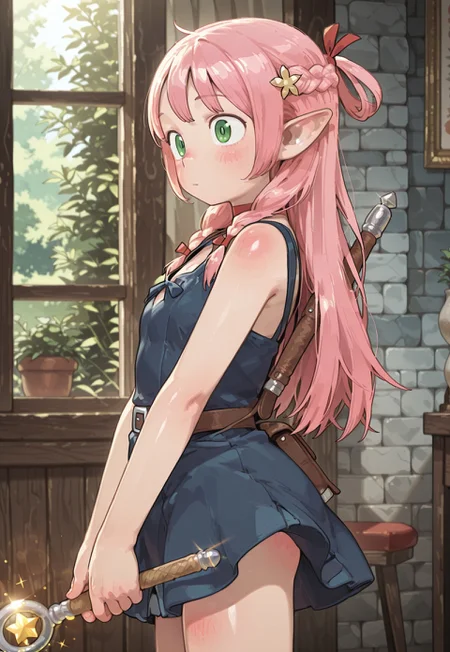 masterpiece,best quality,cowboy shot,light blush,standing, magic wand on back, dress, from side,
knk,pink hair,magical girl,hair ornament, <BREAK> , masterpiece, amazing quality, best quality, ultra-detailed, 8K, illustration, CG, clear skin, ultra-detailed-eyes, soft skin, shiny skin, shiny hair, very awa, very as2, anime coloring,, <BREAK> (body blush:1.2),, , shiny, shiny skin, shiny hair, soft body,, , (((convenient censoring))), marcille_donato, possmach