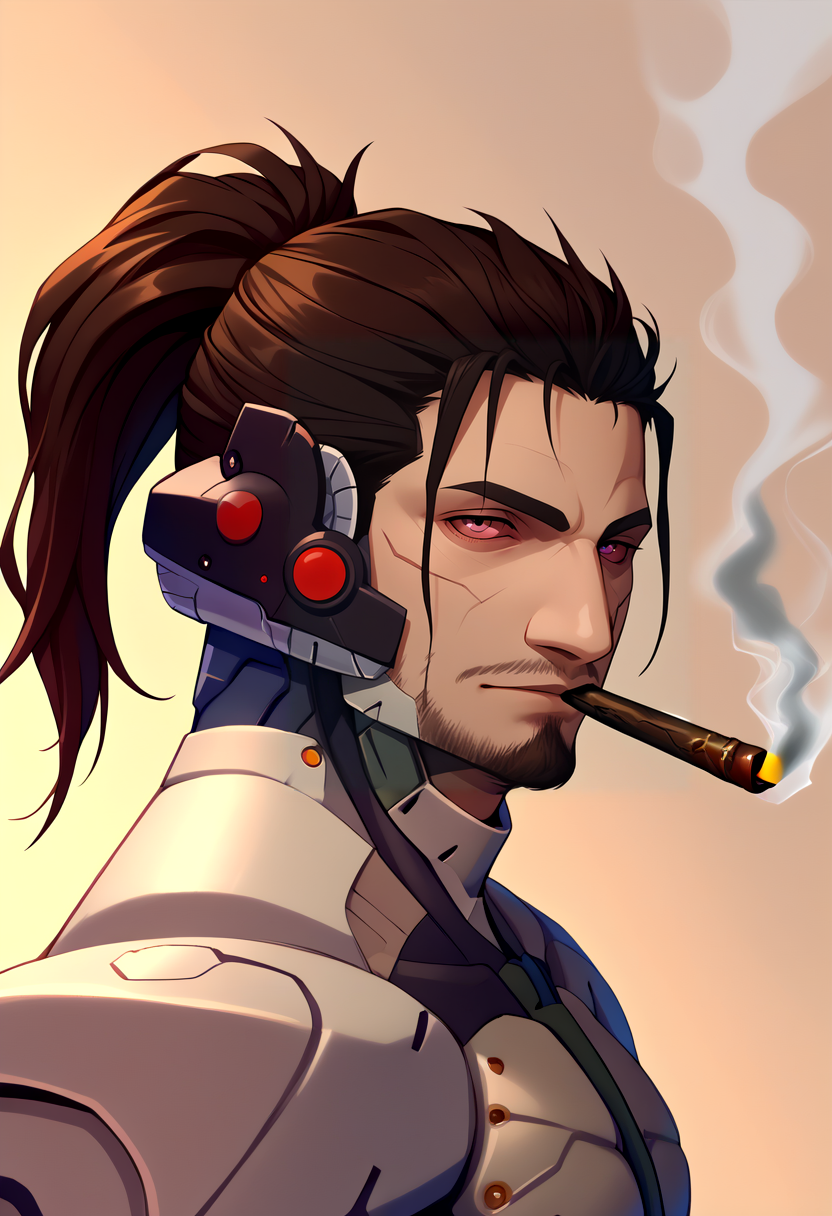 score_9, score_8_up, score_7_up, source_anime, BREAK, solo, 1boy, looking at viewer,  <lora:Stoned-pdxl_Fp:1>, stoned, colored sclera, smoking,  <lora:JetstreamSam_XLPD:0.9>, JetstreamSam, cyborg, bodysuit, headgear, beard, from side,