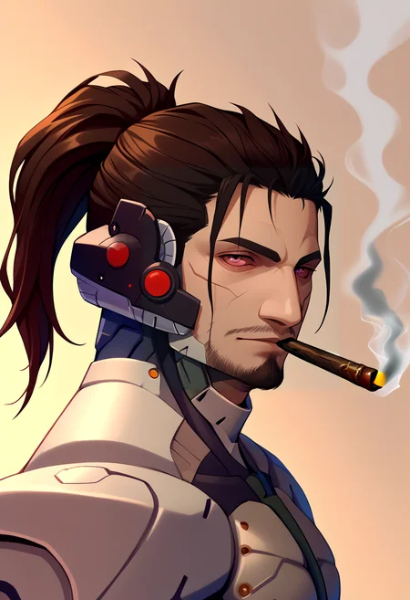score_9, score_8_up, score_7_up, source_anime, BREAK, solo, 1boy, looking at viewer, <lora:Stoned-pdxl_Fp:1>, stoned, colored sclera, smoking, <lora:JetstreamSam_XLPD:0.9>, JetstreamSam, cyborg, bodysuit, headgear, beard, from side,