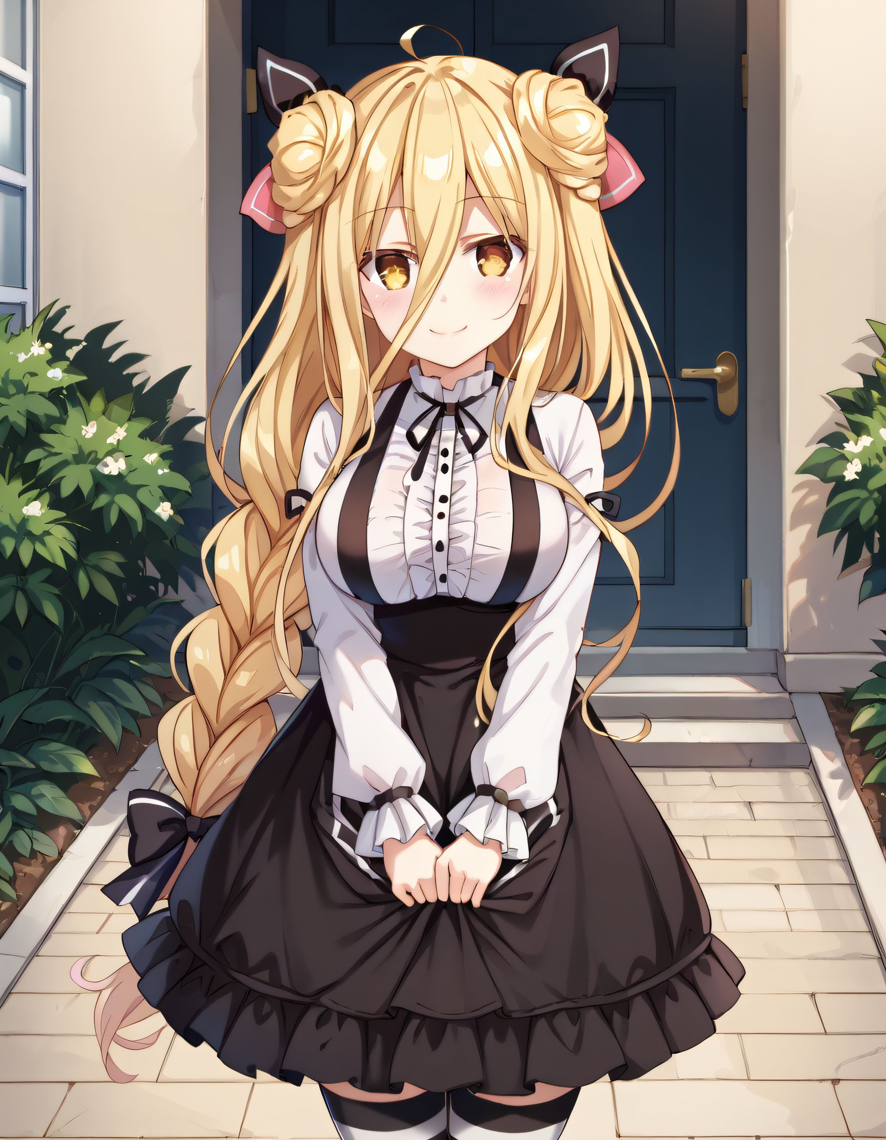 Mukuro,solo, hairstyle2, blonde hair, double bun, single braid, very long braid,hair between eyes, yellow eyes BREAK, AlternativeDress,white dress, alter hair bow, alter thighhighs, striped thighhighs, alter skirt,black skirt, suspended skirt,suspender BREAK, smile,looking at viewer,closed mouth